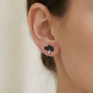 AGOR 925 Sterling Silver Black Cloud Lightning Bolt Stud Earrings Rhodium Finish Jewellery