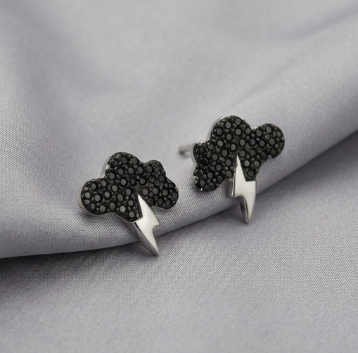 925 Sterling Silver Black Cloud Lightning Bolt Stud Earrings Rhodium Finish Jewellery
