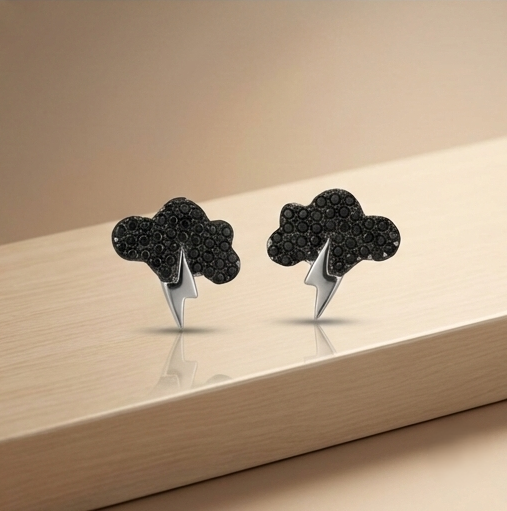 925 Sterling Silver Black Cloud Lightning Bolt Stud Earrings Rhodium Finish Jewellery