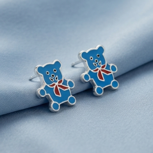 AGOR 925 Sterling Silver Blue Teddy Bear Stud Earrings Enamel Jewellery for Kids & Girls