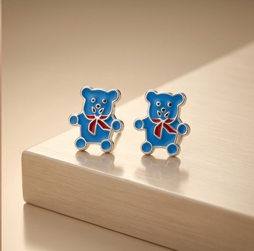 925 Sterling Silver Blue Teddy Bear Stud Earrings Enamel Jewellery for Kids & Girls