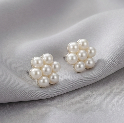 925 Sterling Silver Floral Pearl Stud Earrings Classic Jewellery for Women