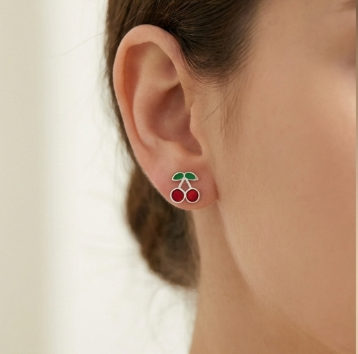 925 Sterling Silver Cherry Fruit Stud Earrings Red Enamel Jewellery for Girls