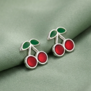 925 Sterling Silver Cherry Fruit Stud Earrings Red Enamel Jewellery for Girls