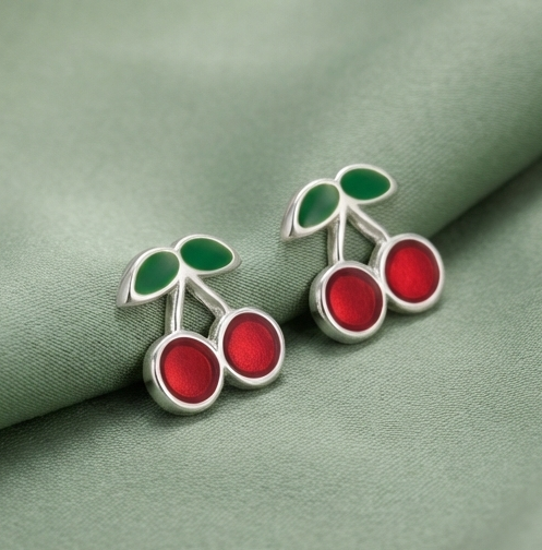 925 Sterling Silver Cherry Fruit Stud Earrings Red Enamel Jewellery for Girls
