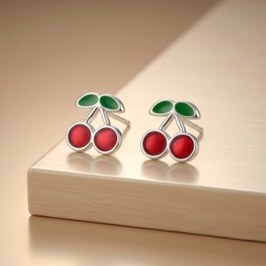 AGOR 925 Sterling Silver Cherry Fruit Stud Earrings Red Enamel Jewellery for Girls