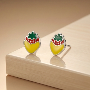 AGOR 925 Sterling Silver Strawberry Stud Earrings Colorful Enamel Jewellery for Kids & Teens