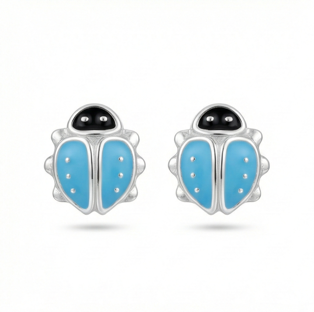 AGOR 925 Sterling Silver Blue Ladybug Stud Earrings Enamel Jewellery for Girls