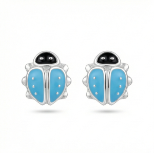 AGOR 925 Sterling Silver Blue Ladybug Stud Earrings Enamel Jewellery for Girls
