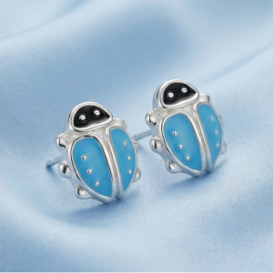 AGOR 925 Sterling Silver Blue Ladybug Stud Earrings Enamel Jewellery for Girls