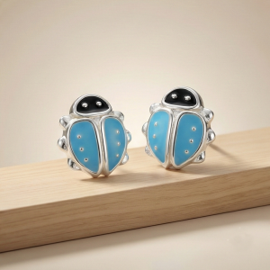 AGOR 925 Sterling Silver Blue Ladybug Stud Earrings Enamel Jewellery for Girls