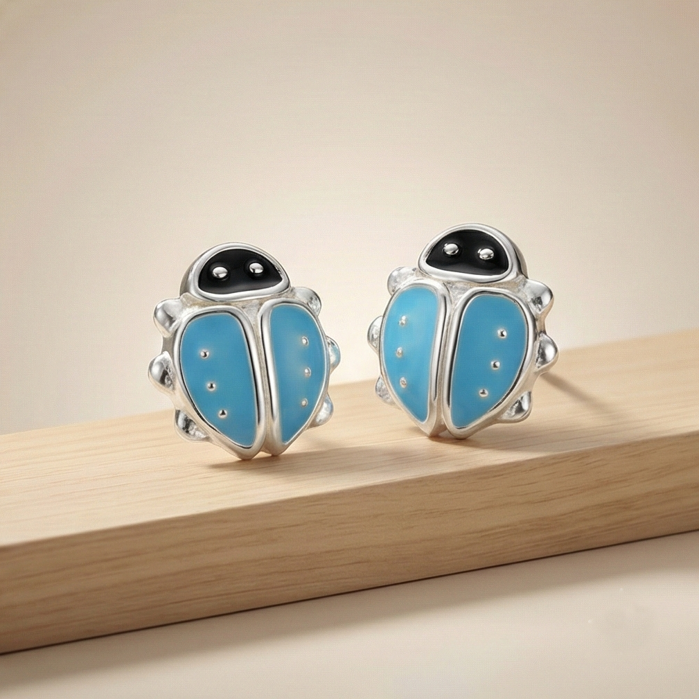 925 Sterling Silver Blue Ladybug Stud Earrings Enamel Jewellery for Girls
