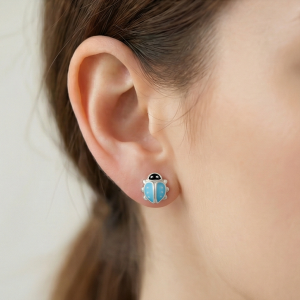 AGOR 925 Sterling Silver Blue Ladybug Stud Earrings Enamel Jewellery for Girls