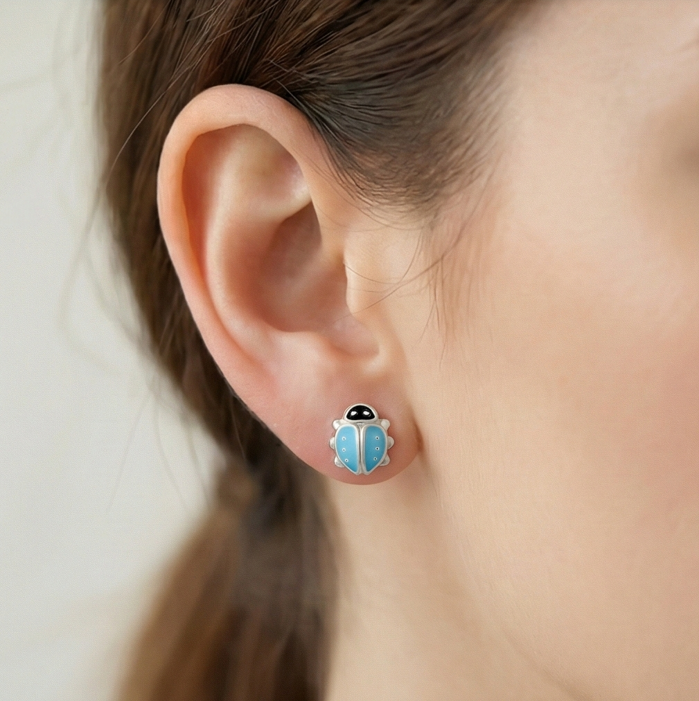 925 Sterling Silver Blue Ladybug Stud Earrings Enamel Jewellery for Girls