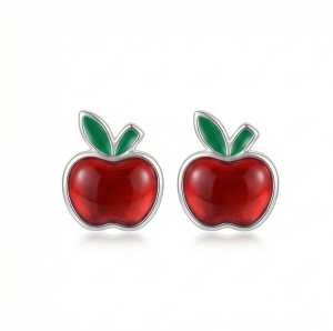 AGOR 925 Sterling Silver Red Apple Stud Earrings Glossy Enamel Jewellery for Teachers & Students
