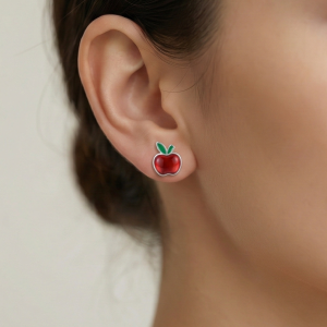 925 Sterling Silver Red Apple Stud Earrings Glossy Enamel Jewellery for Teachers & Students