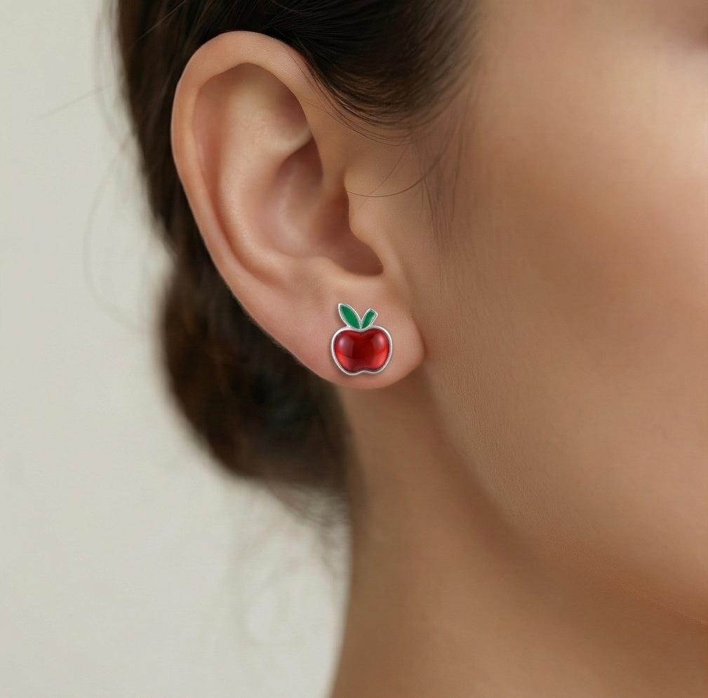 925 Sterling Silver Red Apple Stud Earrings Glossy Enamel Jewellery for Teachers & Students