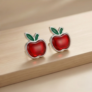 AGOR 925 Sterling Silver Red Apple Stud Earrings Glossy Enamel Jewellery for Teachers & Students