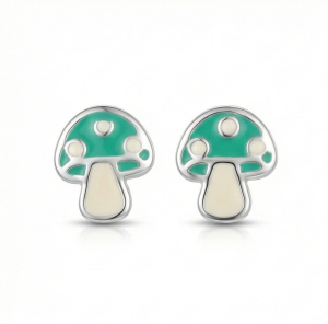 AGOR 925 Sterling Silver Mushroom Stud Earrings Green Enamel Jewellery for Nature Enthusiasts