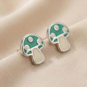 AGOR 925 Sterling Silver Mushroom Stud Earrings Green Enamel Jewellery for Nature Enthusiasts