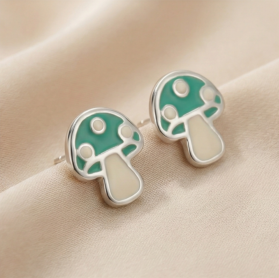 925 Sterling Silver Mushroom Stud Earrings Green Enamel Jewellery for Nature Enthusiasts