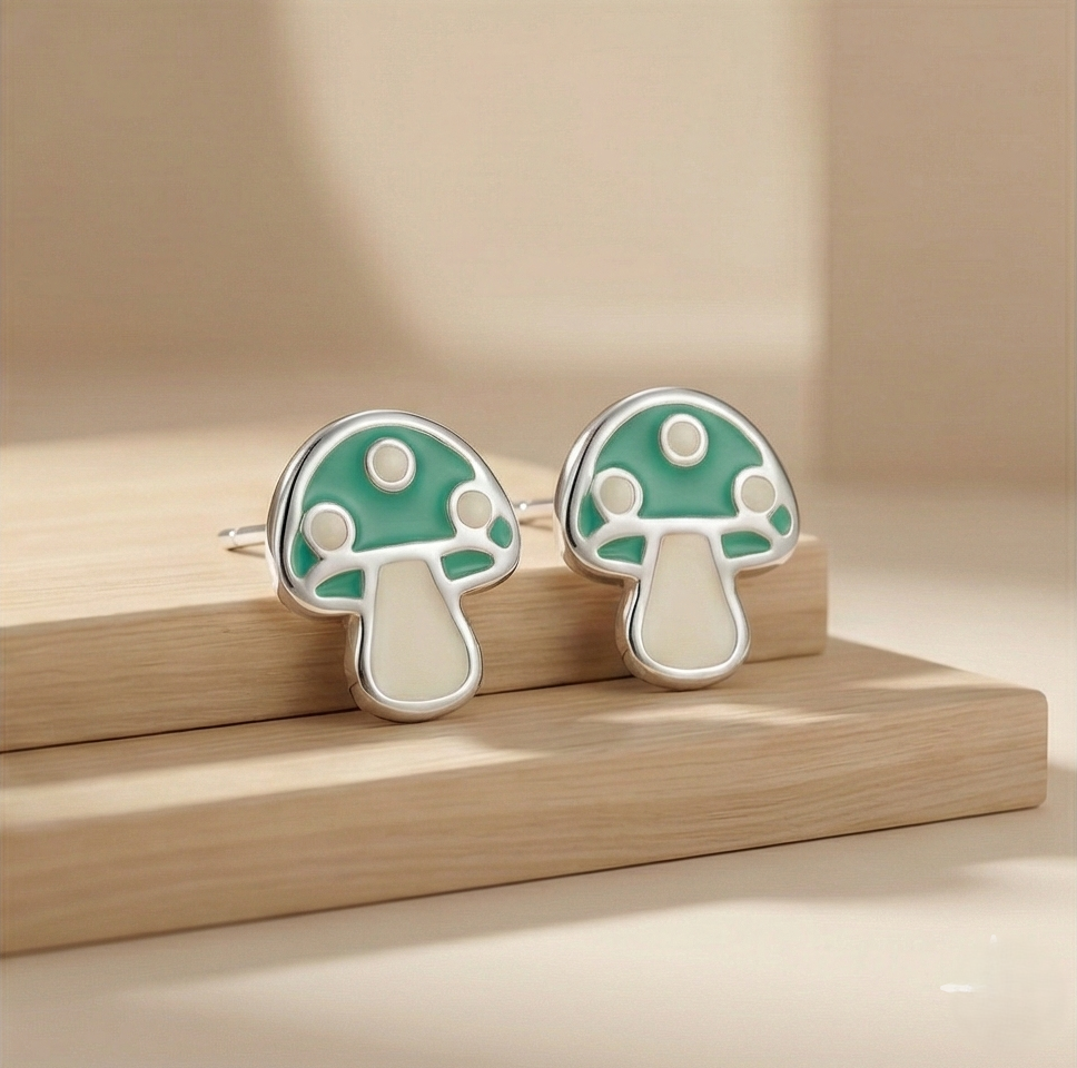 925 Sterling Silver Mushroom Stud Earrings Green Enamel Jewellery for Nature Enthusiasts