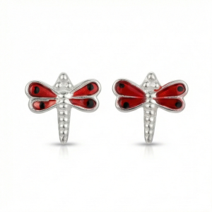AGOR 925 Sterling Silver Red Enamel Dragonfly Stud Earrings Jewellery for Girls and Women