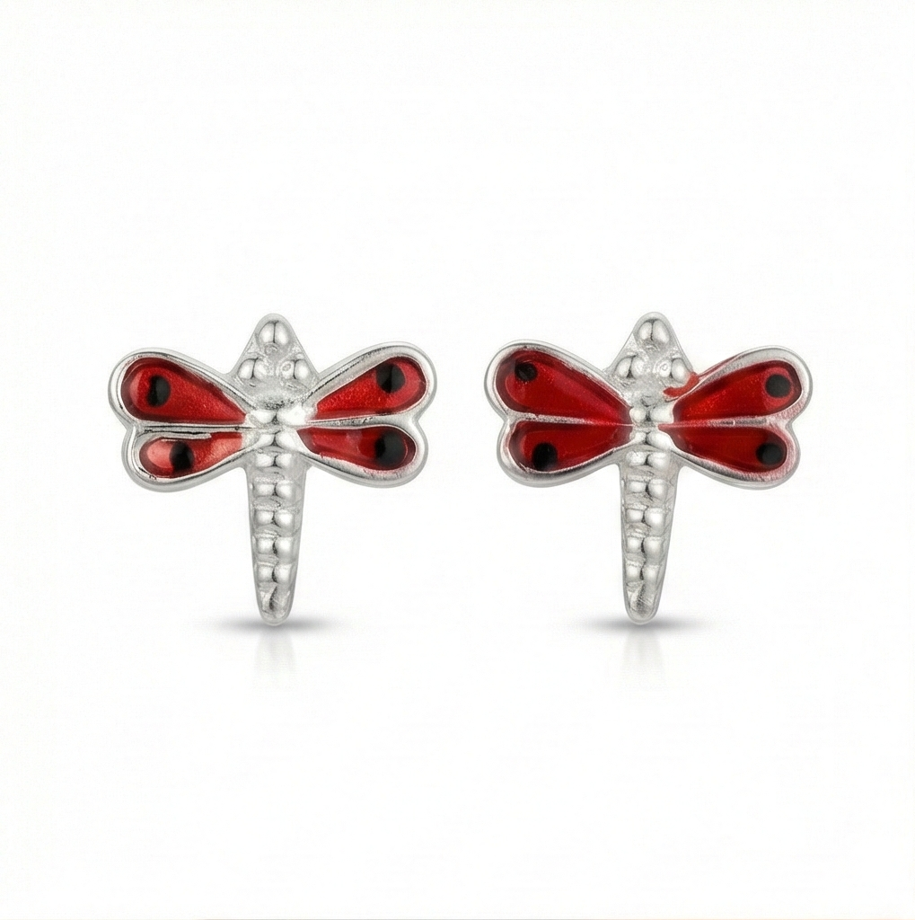 925 Sterling Silver Red Enamel Dragonfly Stud Earrings Jewellery for Girls and Women