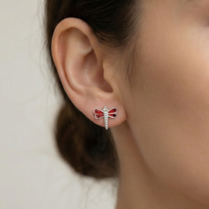 AGOR 925 Sterling Silver Red Enamel Dragonfly Stud Earrings Jewellery for Girls and Women