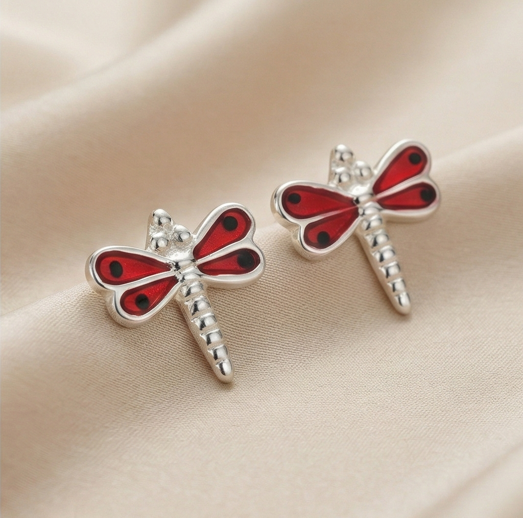 925 Sterling Silver Red Enamel Dragonfly Stud Earrings Jewellery for Girls and Women