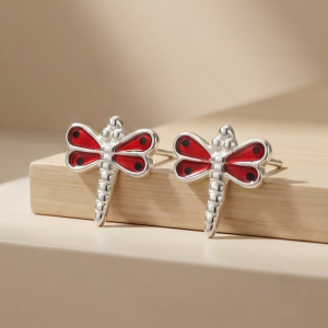 AGOR 925 Sterling Silver Red Enamel Dragonfly Stud Earrings Jewellery for Girls and Women