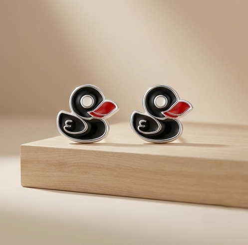 925 Sterling Silver Black Enamel Duck Stud Earrings Jewellery for Kids