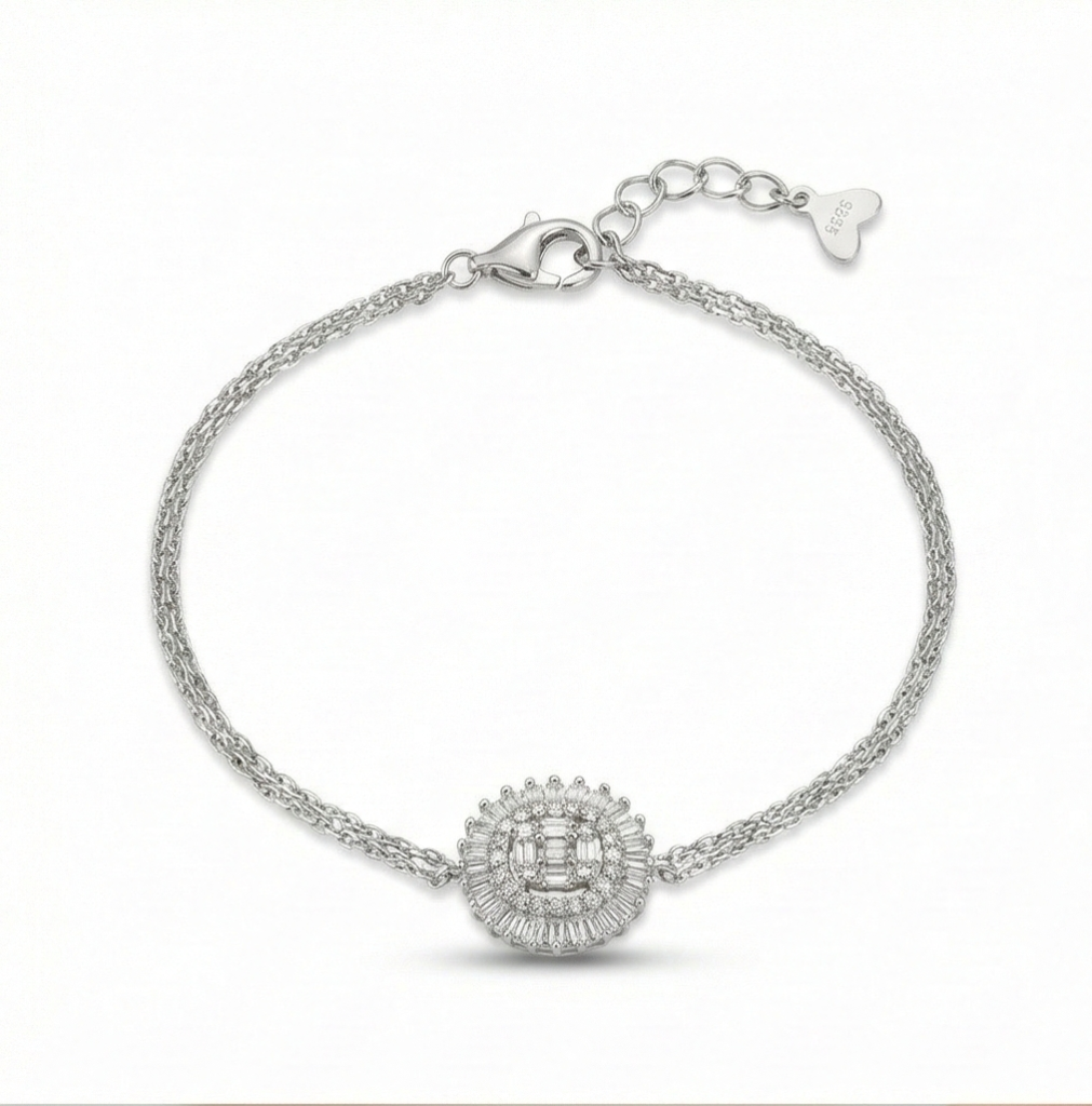 AGOR 925 Sterling Silver Round Halo Charm Bracelet Adjustable Double Chain Jewellery
