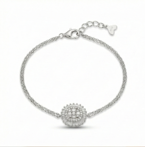 AGOR 925 Sterling Silver Round Halo Charm Bracelet Adjustable Double Chain Jewellery