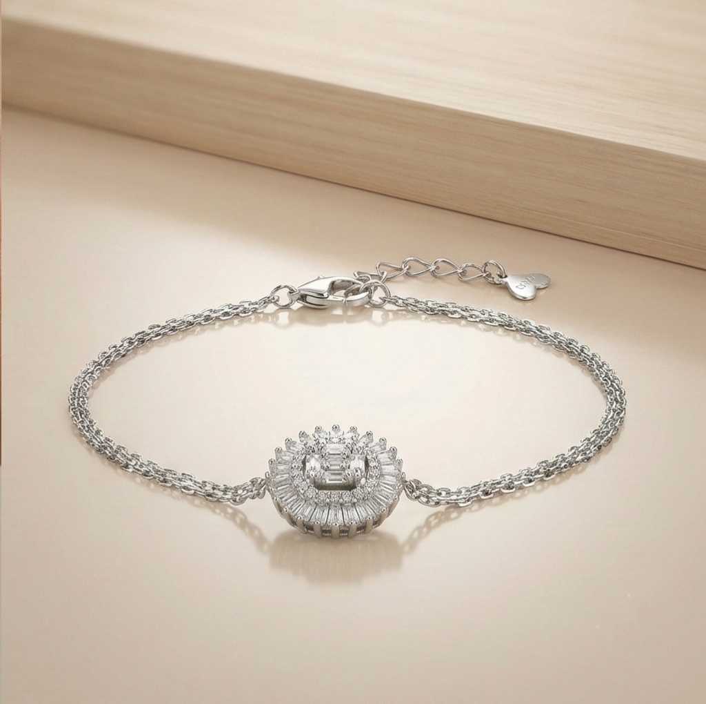 AGOR 925 Sterling Silver Round Halo Charm Bracelet Adjustable Double Chain Jewellery