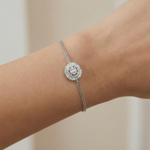 AGOR 925 Sterling Silver Round Halo Charm Bracelet Adjustable Double Chain Jewellery