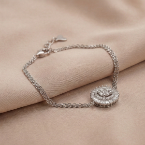 925 Sterling Silver Round Halo Charm Bracelet Adjustable Double Chain Jewellery