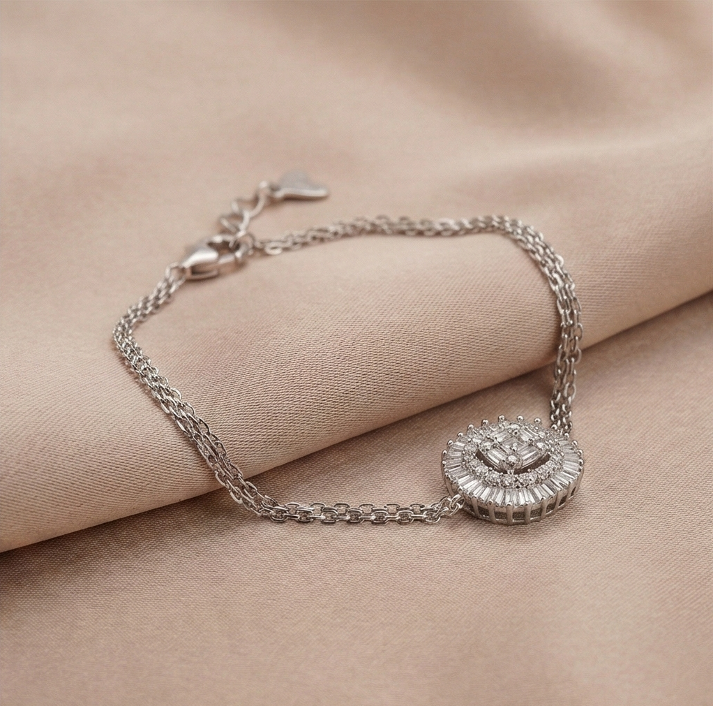 925 Sterling Silver Round Halo Charm Bracelet Adjustable Double Chain Jewellery