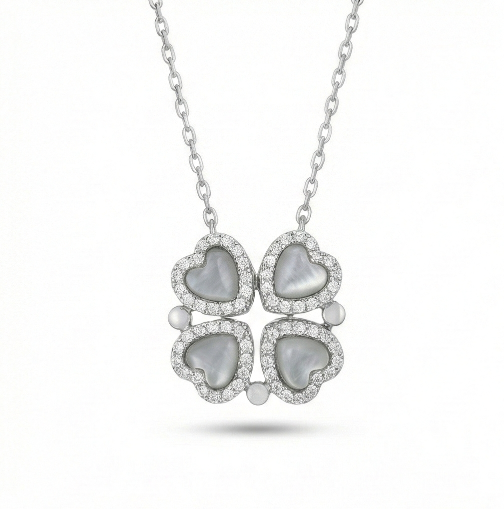 925 Sterling Silver Four Leaf Clover Heart Pendant Necklace Jewellery Rhodium Finish