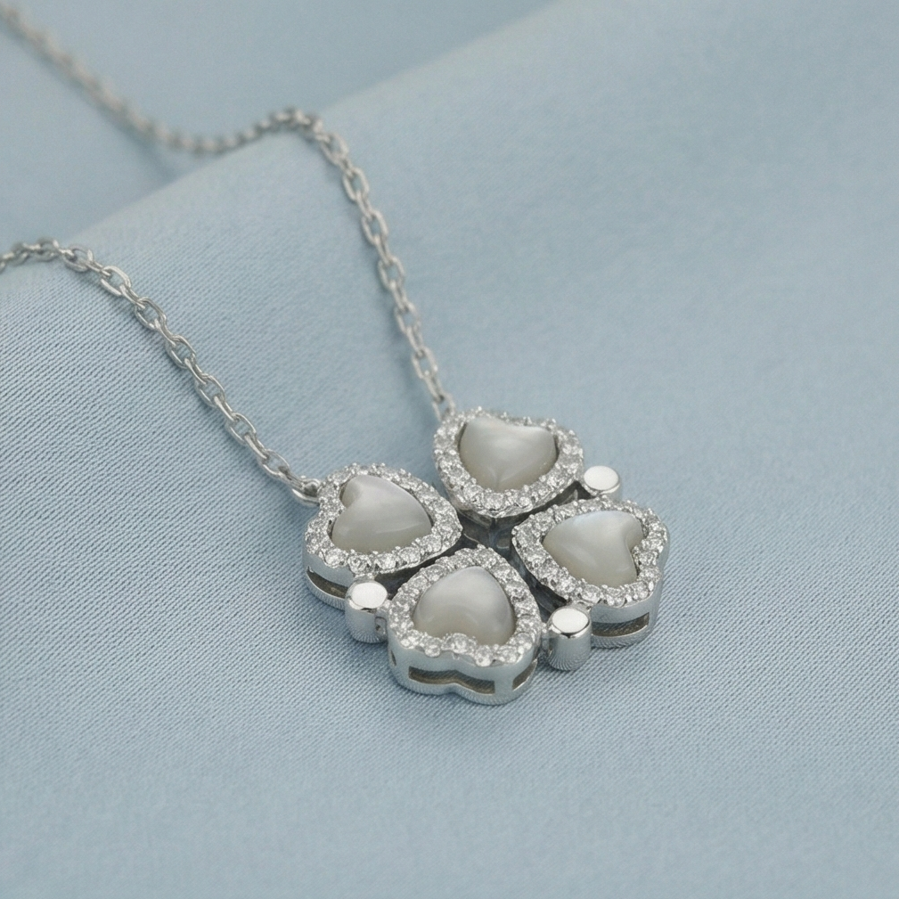 925 Sterling Silver Four Leaf Clover Heart Pendant Necklace Jewellery Rhodium Finish
