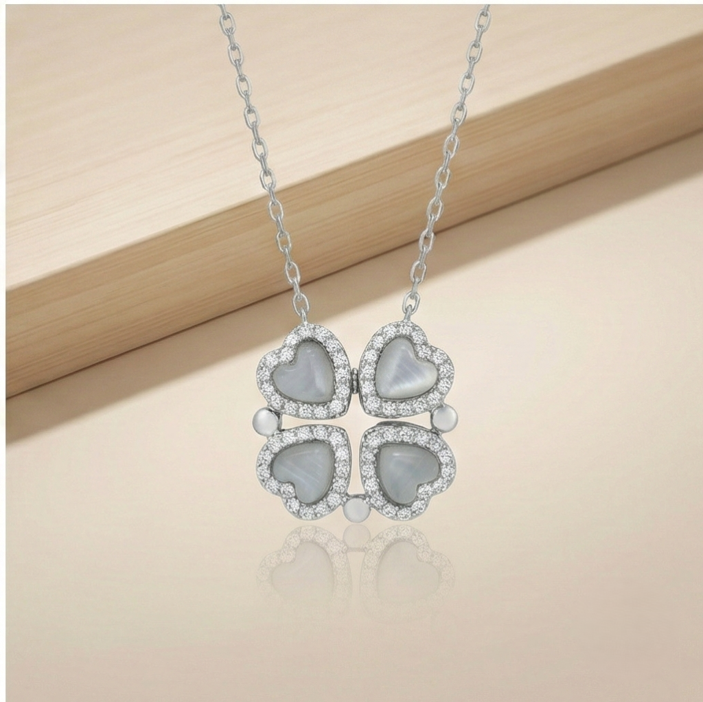 AGOR 925 Sterling Silver Four Leaf Clover Heart Pendant Necklace Jewellery Rhodium Finish