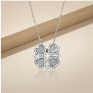 AGOR 925 Sterling Silver Four Leaf Clover Heart Pendant Necklace Jewellery Rhodium Finish