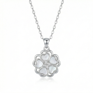 AGOR 925 Sterling Silver White Shell Floral Motif Pendant Necklace Jewellery with Rhodium Finish