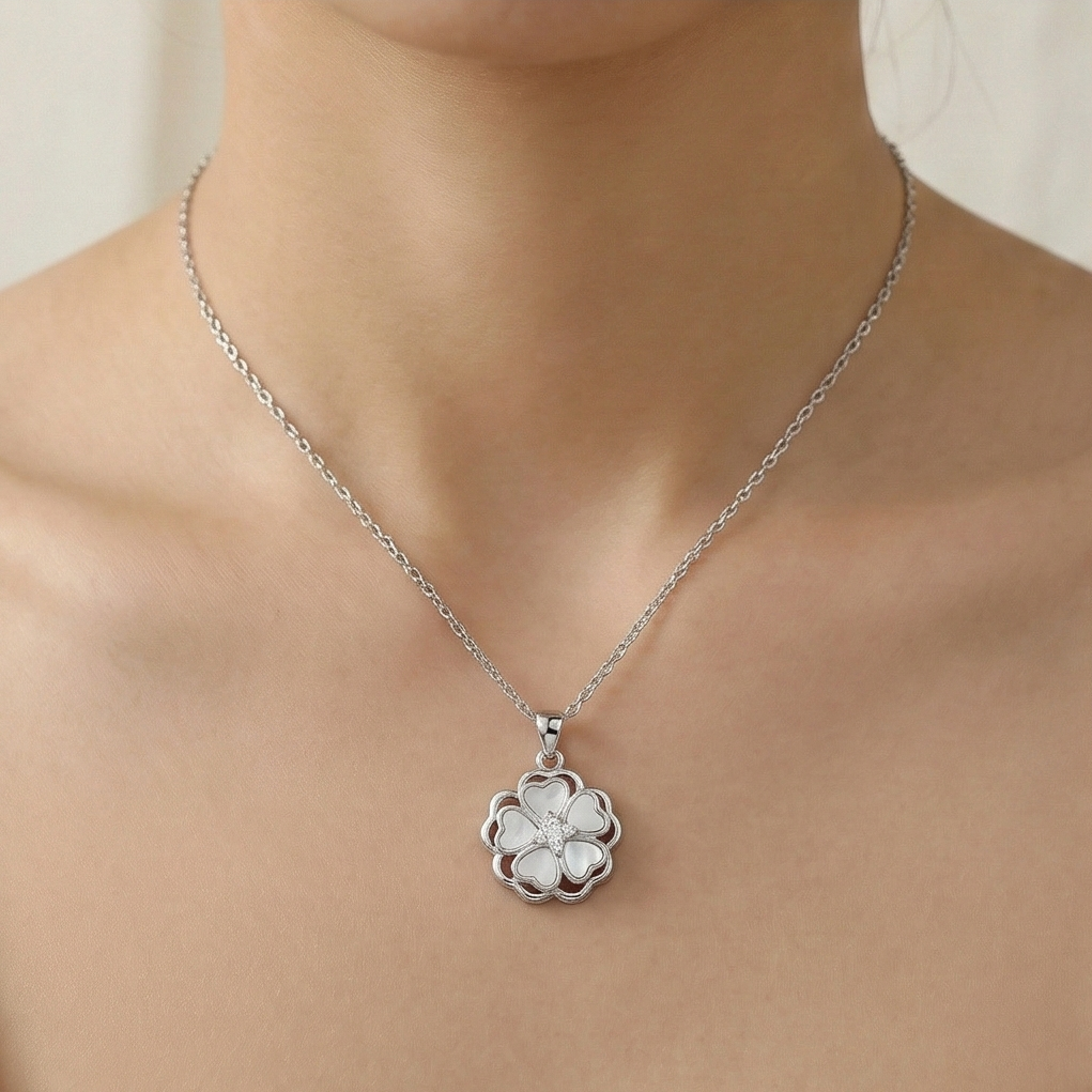 925 Sterling Silver White Shell Floral Motif Pendant Necklace Jewellery with Rhodium Finish
