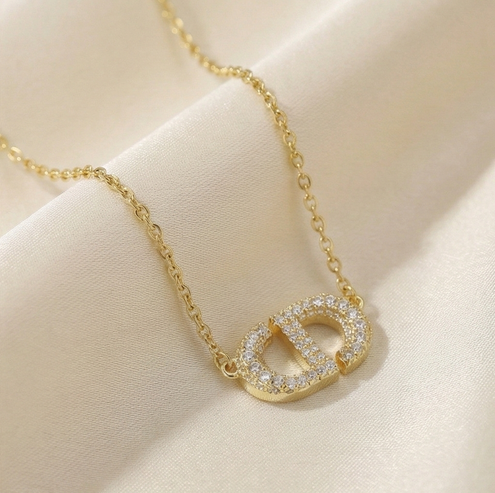 925 Sterling Silver Gold Plated Pave Interlocking Initial Pendant Necklace Jewellery for Women