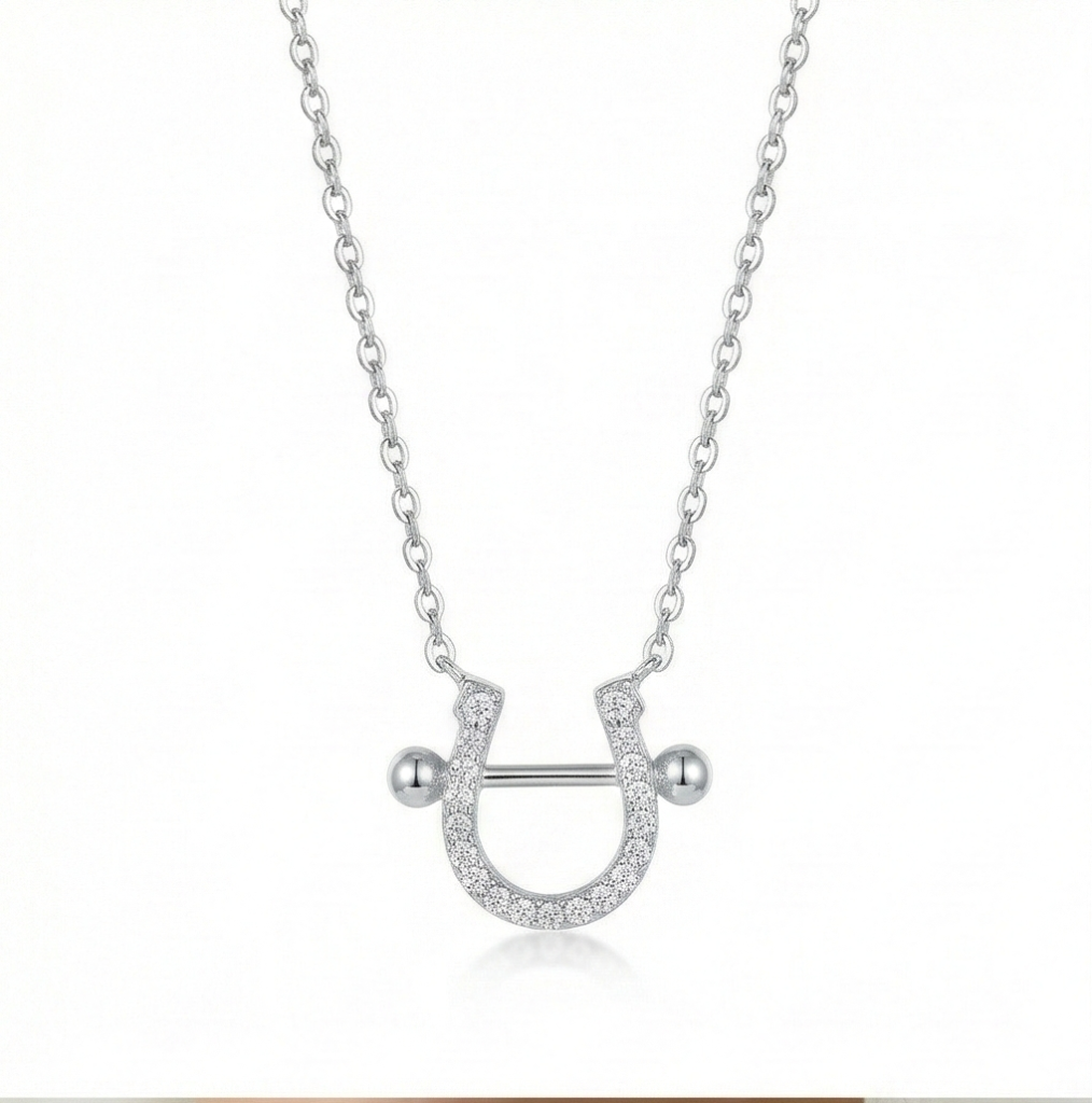 AGOR 925 Sterling Silver Pave Set Horseshoe Pendant Necklace Jewellery