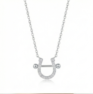 AGOR 925 Sterling Silver Pave Set Horseshoe Pendant Necklace Jewellery