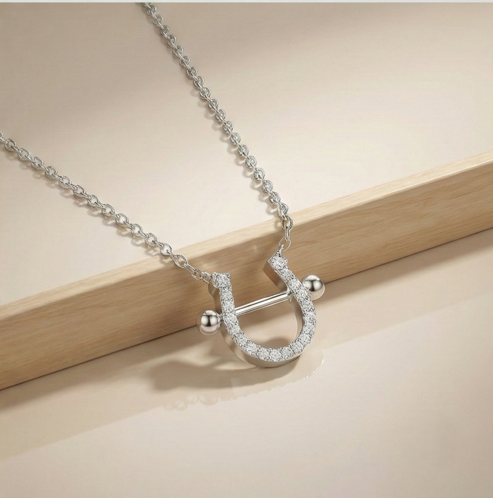 AGOR 925 Sterling Silver Pave Set Horseshoe Pendant Necklace Jewellery