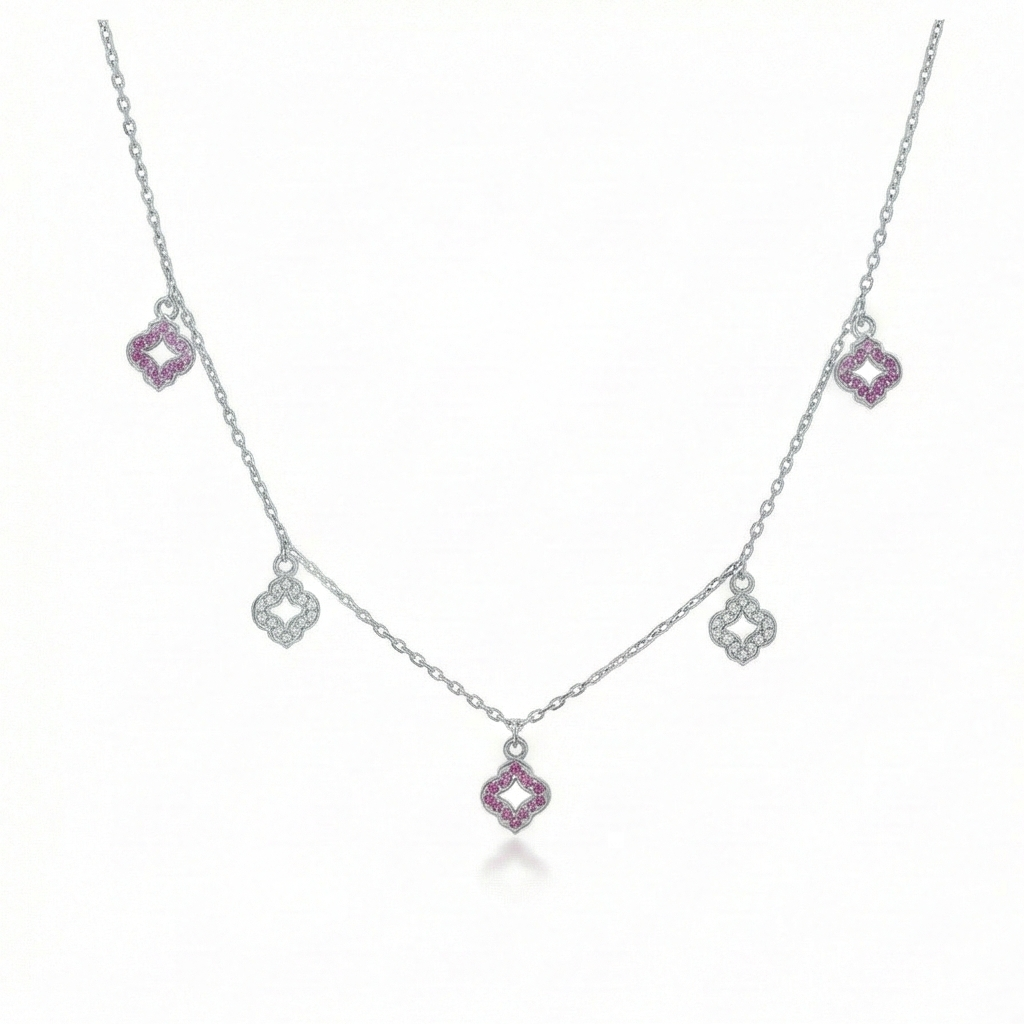 925 Sterling Silver Multi-Charm Clover Floral Station Necklace Jewellery for Women