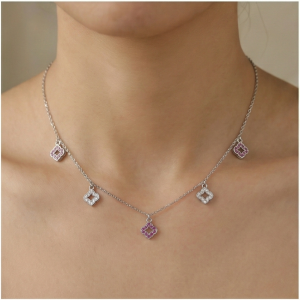 AGOR 925 Sterling Silver Multi-Charm Clover Floral Station Necklace Jewellery for Women